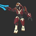 Game and Movie Character 3D Model Featuring Red White Armor Blue Glowing Weapon Battle Stance
