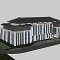 Modern Architectural Facade Featuring Glass Curtain Wall Stone Elements Traditional Roof And Front Fountain Garden