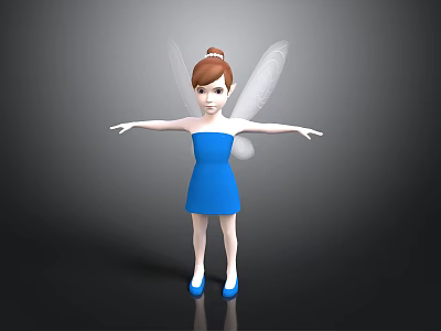 3D Fairy Character With Blue Dress Brown Hair And White Wings Standing 3d model
