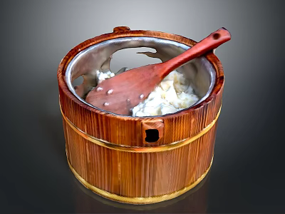 Wooden Design Electric Cooker Appliance With Inner Pot And Serving Spoon 3d model