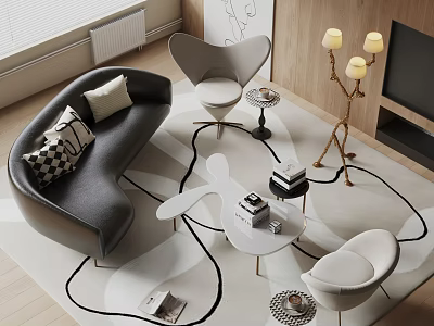Elegant Modern Sofa and Coffee Table Set with Curved Design Pillows and Geometric Rug 3d model