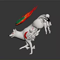 White Mythical Fox With Red Accents Carrying Green Circular Object And Flame Patterns
