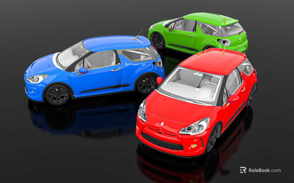 Blue Green And Red Hatchback Cars With Modern Design On Black Reflective Surface 3d model 