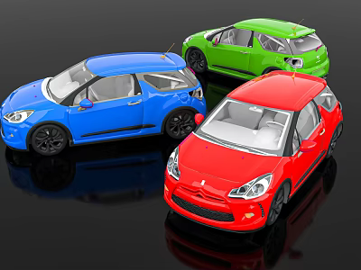 Blue Green And Red Hatchback Cars With Modern Design On Black Reflective Surface 3d model