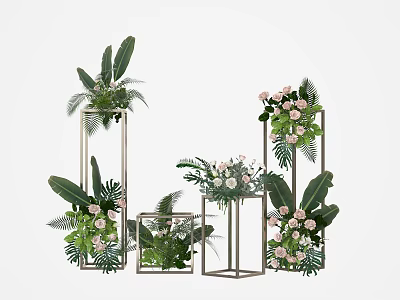 Stylish Plant Arrangement With Metal Frame Flower Stands Green Foliage And Pink Flowers 3d model