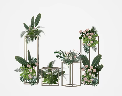 Stylish Plant Arrangement With Metal Frame Flower Stands Green Foliage And Pink Flowers 3d model