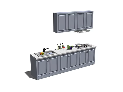 Gray Kitchen Cabinets With Countertop Sink Stove And Cooking Utensils 3d model