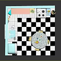 Cute Vintage Kitchen Interior With Pink Blue Cabinets White Refrigerator Dining Table And Checkered Floor