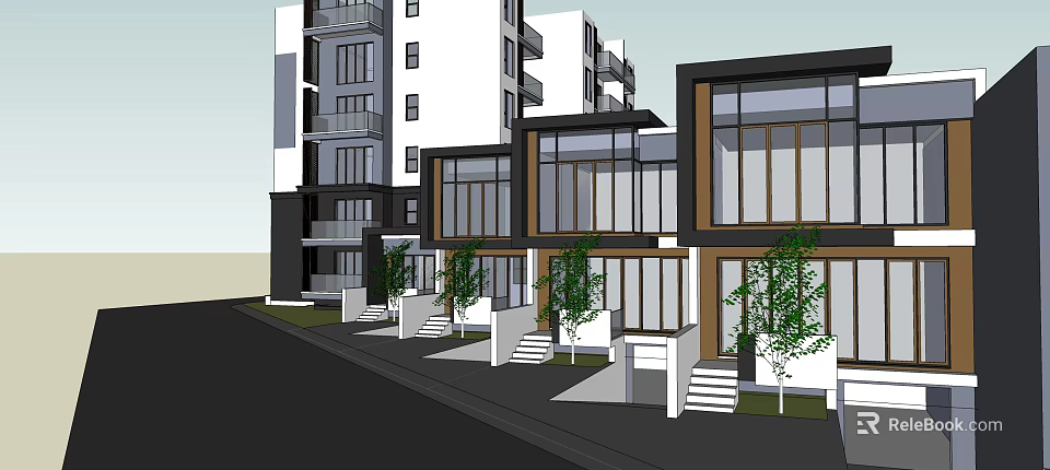 Modern Commercial Complex With Multi Storey Building Glass Facade And Green Landscaping 3d model 