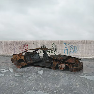 Rusty Wrecked Motorcycle With Graffiti Covered Gray Wall And Ground Puddles Under Overcast Sky 3d model
