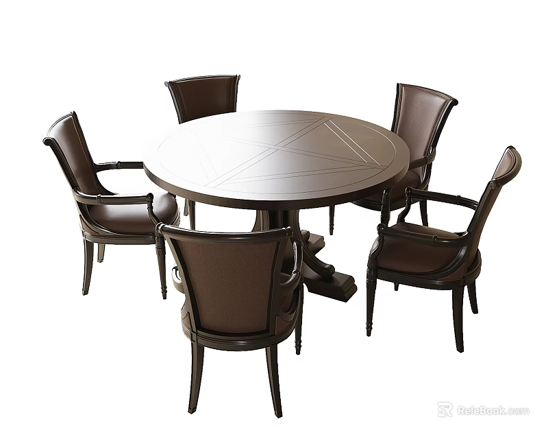 Modern Round Dining Table With Brown Leather Chairs Set For Home 3d model