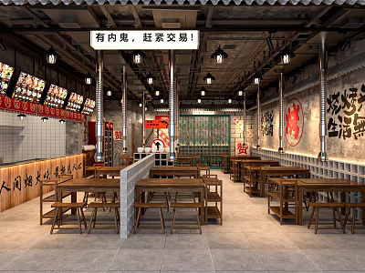 Vibrant Hotpot Restaurant Interior With Wooden Tables Brick Walls And Neon Signs 3d model