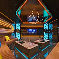 Luxury KTV Room Interior With Neon Lights Sofas And Coffee Tables