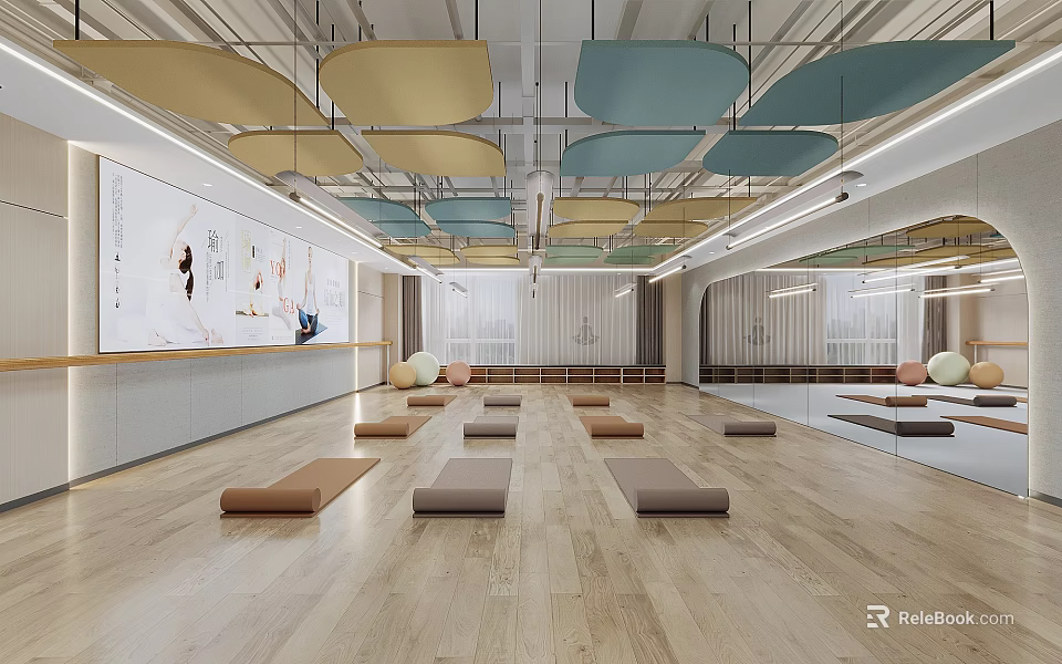 Spacious Yoga Studio Interior With Mats And Mirrors 3d model 