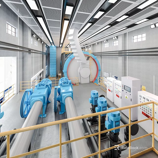 Industrial Factory Interior With Large Circular Equipment Blue Machinery Pipes And Control Panels 3d model 