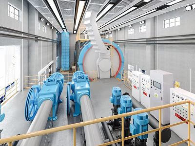 Industrial Factory Interior With Large Circular Equipment Blue Machinery Pipes And Control Panels 3d model