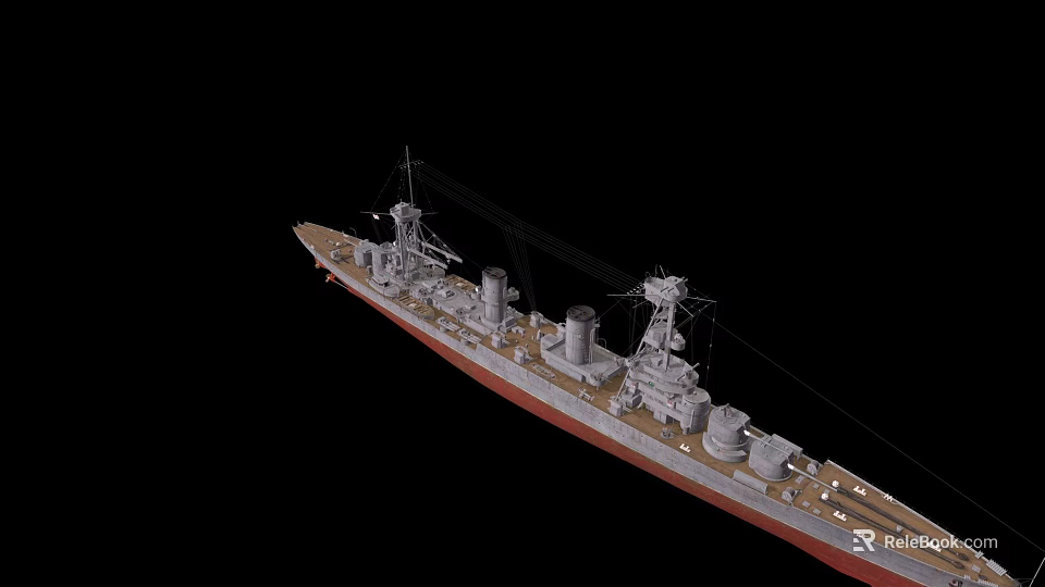 Battleship Warship Side View With Main Turrets Superstructure Gray Hull And Red Waterline 3d model 