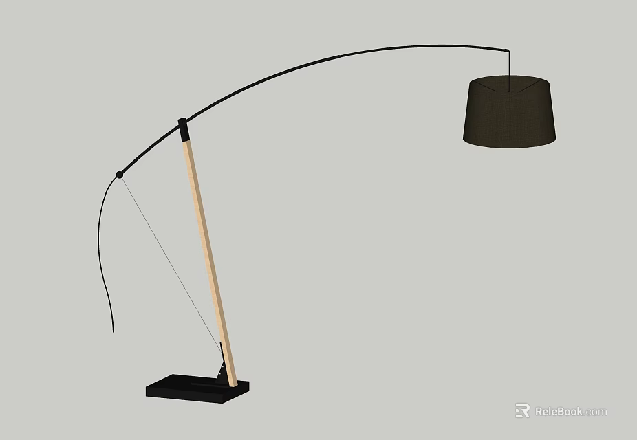 Modern Curved Arm Floor Lamp With Wooden Pole Black Base And Dark Lampshade 3d model 