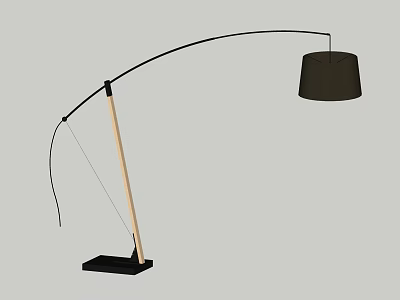 Modern Curved Arm Floor Lamp With Wooden Pole Black Base And Dark Lampshade 3d model