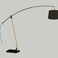 Modern Curved Arm Floor Lamp With Wooden Pole Black Base And Dark Lampshade