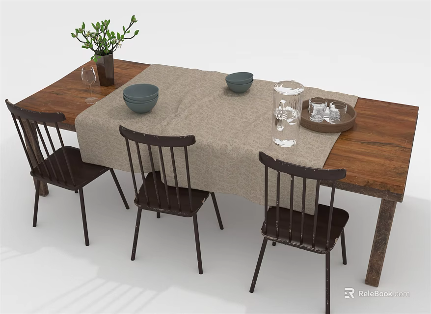 Wooden Dining Table Set With Dark Chairs Beige Tablecloth Green Plant And Dark Bowls 3d model 