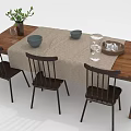Wooden Dining Table Set With Dark Chairs Beige Tablecloth Green Plant And Dark Bowls