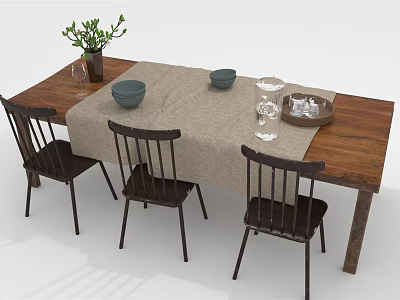 Wooden Dining Table Set With Dark Chairs Beige Tablecloth Green Plant And Dark Bowls 3d model