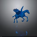 Blue Polygonal Winged Horse 3D Character Model with Shiny Surface and Dark Background