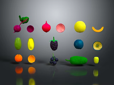 Assorted Colorful Fruits Including Lemon Orange Berries And Avocado On Gray Background With Reflections 3d model