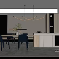 Modern Open Concept Restaurant Interior With Dining Table Blue Chairs And Pendant Lights 3d model