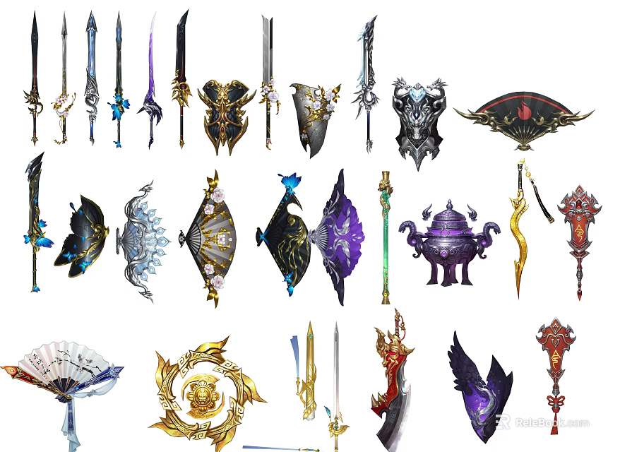 Various Fantasy Weapons Collection Featuring Swords Fans Staffs Shields And Ornate Designs 3d model 