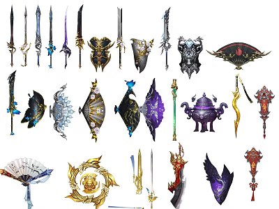 Various Fantasy Weapons Collection Featuring Swords Fans Staffs Shields And Ornate Designs 3d model