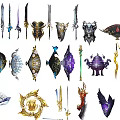 Various Fantasy Weapons Collection Featuring Swords Fans Staffs Shields And Ornate Designs