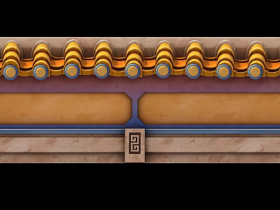 Traditional Chinese Roof Decoration Featuring Yellow Glazed Tiles Blue Stripes And Traditional Patterns 3d model