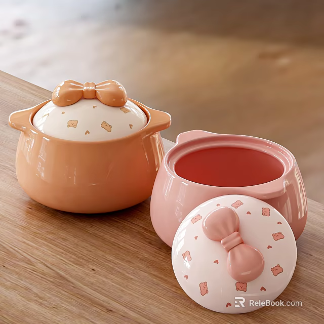 Cute Pastel Colored Kitchen Pots With Bow Shaped Lids And Small Patterns 3d model 