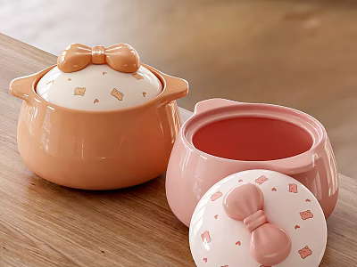 Cute Pastel Colored Kitchen Pots With Bow Shaped Lids And Small Patterns 3d model