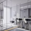 Modern Bathroom Interior With Glass Shower Large Mirror Marble Countertops And Double Sinks