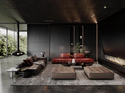 Modern Living Room With Black Walls Large Windows Green Plants Gray Red Sofas And Fireplace 3d model