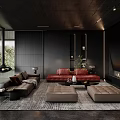 Modern Living Room With Black Walls Large Windows Green Plants Gray Red Sofas And Fireplace
