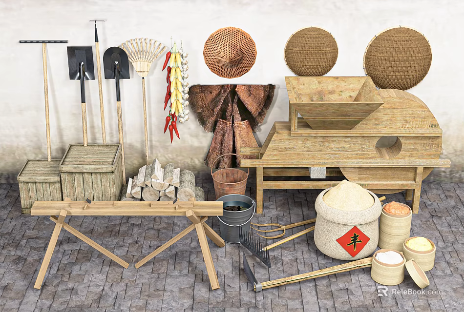 Traditional Industrial Equipment Collection Featuring Shovels Rakes Stone Mill And Wooden Containers 3d model 