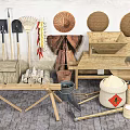 Traditional Industrial Equipment Collection Featuring Shovels Rakes Stone Mill And Wooden Containers