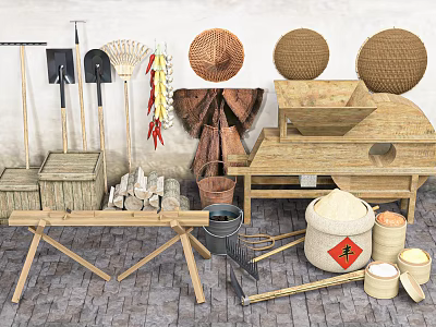 Traditional Industrial Equipment Collection Featuring Shovels Rakes Stone Mill And Wooden Containers 3d model