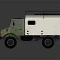 Olive Green And White Military Vehicle With Roof Rack And Cargo Compartment