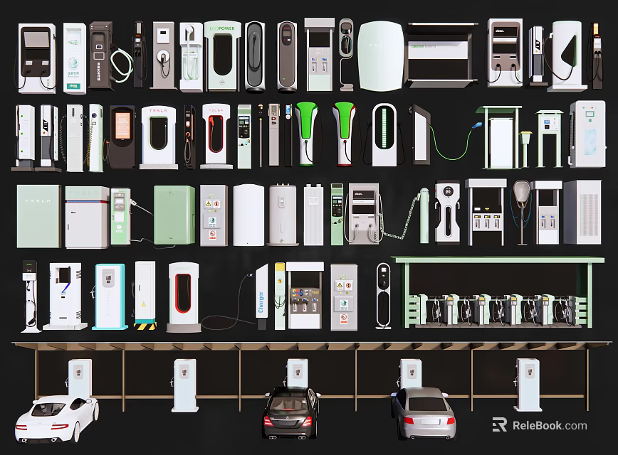 Various Types of Electric Vehicle Chargers With Cars Charging in Station 3d model 