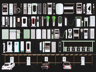Various Types of Electric Vehicle Chargers With Cars Charging in Station 3d model