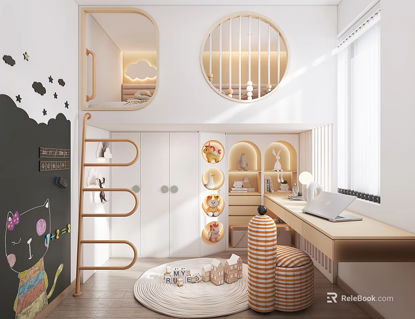 Kids Room Interior With Bunk Bed Chalkboard Wall Desk Round Rug And Toys 3d model 