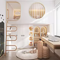 Kids Room Interior With Bunk Bed Chalkboard Wall Desk Round Rug And Toys