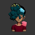Animated Game Movie Character With Teal Curly Hair Black Cap And Red Shirt