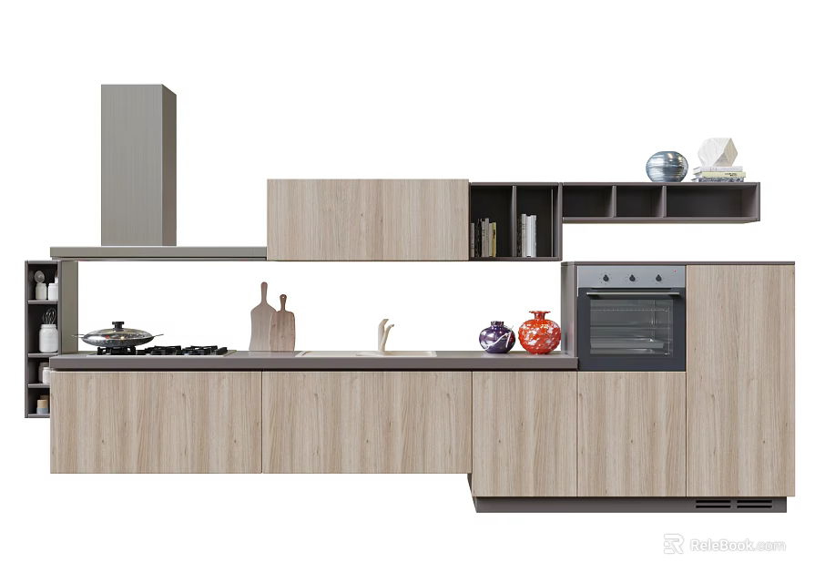 Modern Kitchen With Wooden Cabinets Cooktop Oven Sink And Decorative Items 3d model 