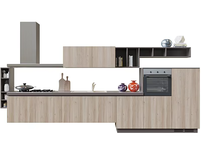 Modern Kitchen With Wooden Cabinets Cooktop Oven Sink And Decorative Items 3d model